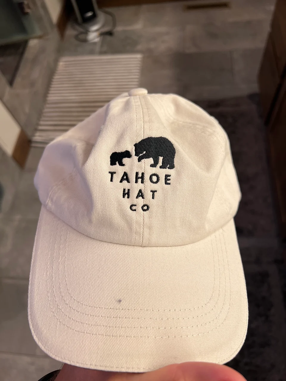 Cream Tahoe Hat Co cap with black bear and cub embroidery