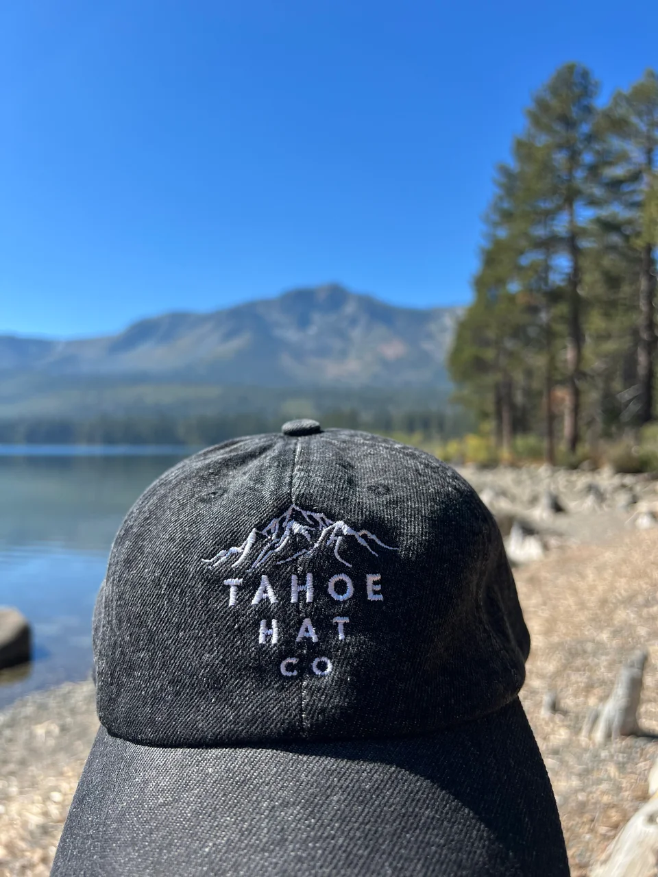 Dark mountain cap beside a lake with pine trees along the shore